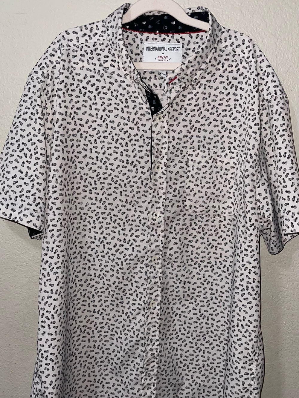 International Report White Short-Sleeve Button-Down Shirt with Micro Print